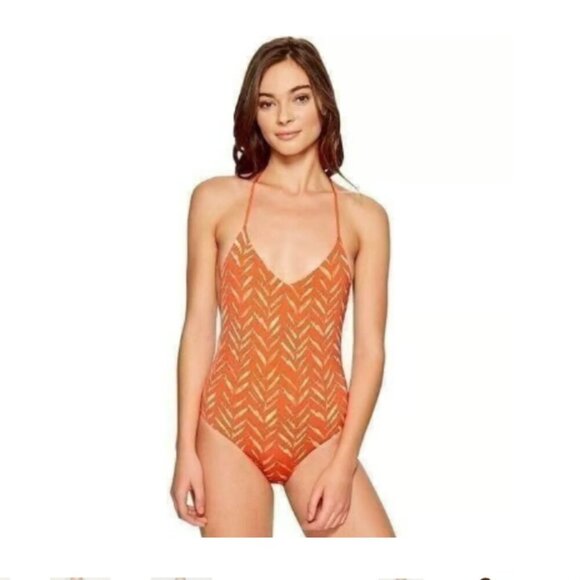🌞👙NWT Dolce Vita T-Back One Piece Chevron Print Swimsuit in Orange and Gold, M - Picture 1 of 6